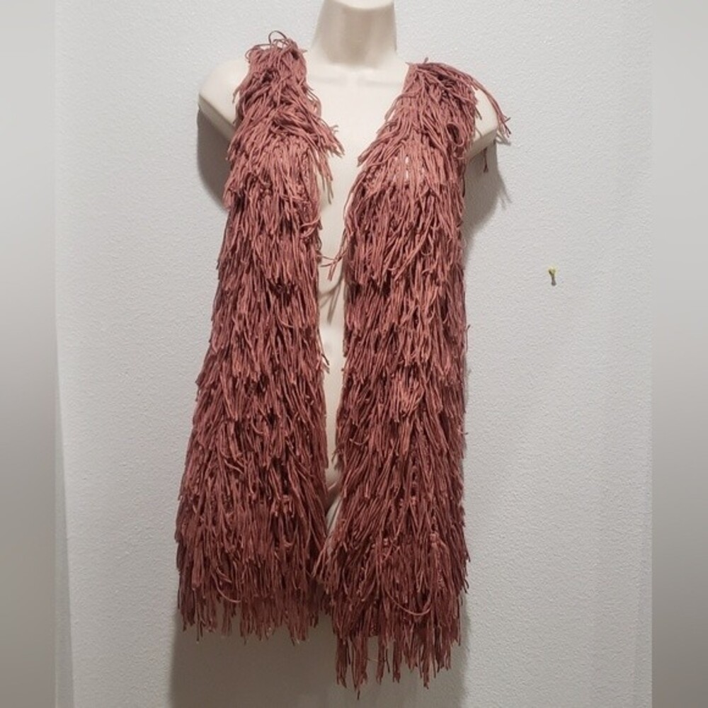 Boho long fringe sleeveless cardigan vest brown size large